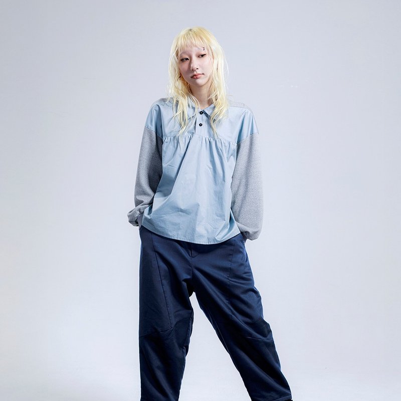 Misty Shirt-Collar Paneled Top - เสื้อผู้หญิง - วัสดุอื่นๆ สีน้ำเงิน