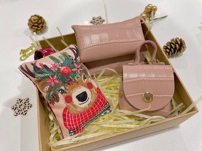 耶誕禮盒 真皮手作錢包鑰匙圈掛飾薰衣草香包組合 花圈麋鹿石英粉 - 散紙包 - 真皮 粉紅色