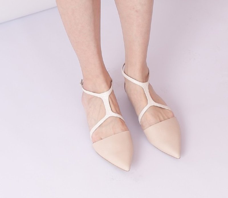 Word structure around the ankle flat leather sandals white fight apricot - Sandals - Genuine Leather White