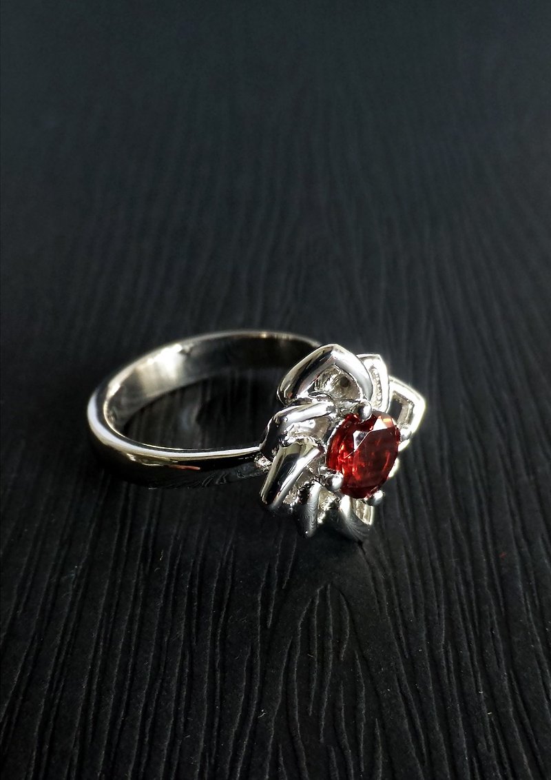 方格蓮花 - 花朵系列 - 珠寶鍍金925純銀戒指 - 寶石版本 - 戒指 - 其他金屬 紅色