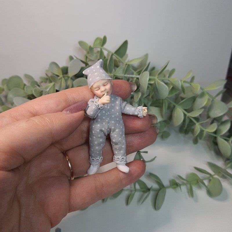 Ooak art doll 1:12 scale Handmade polymer clay doll Dollhouse miniature - Stuffed Dolls & Figurines - Clay Blue