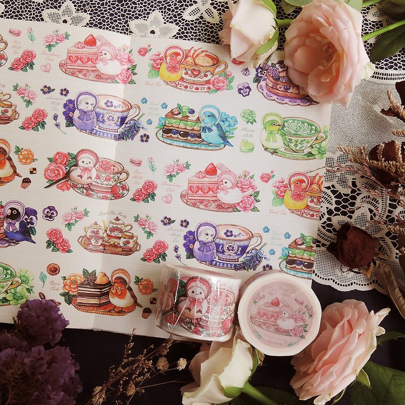 Bird tea party white ink tape - Washi Tape - Paper Pink