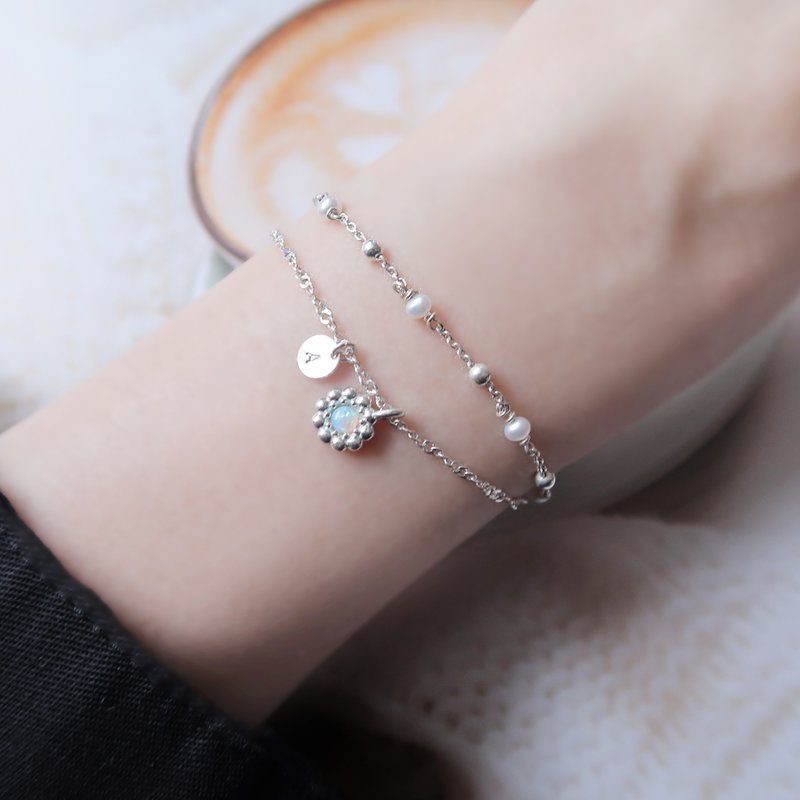 925 Sterling Silver Small Flower Opal Customized Engraving Bracelet Free Gift Packaging - Bracelets - Sterling Silver White