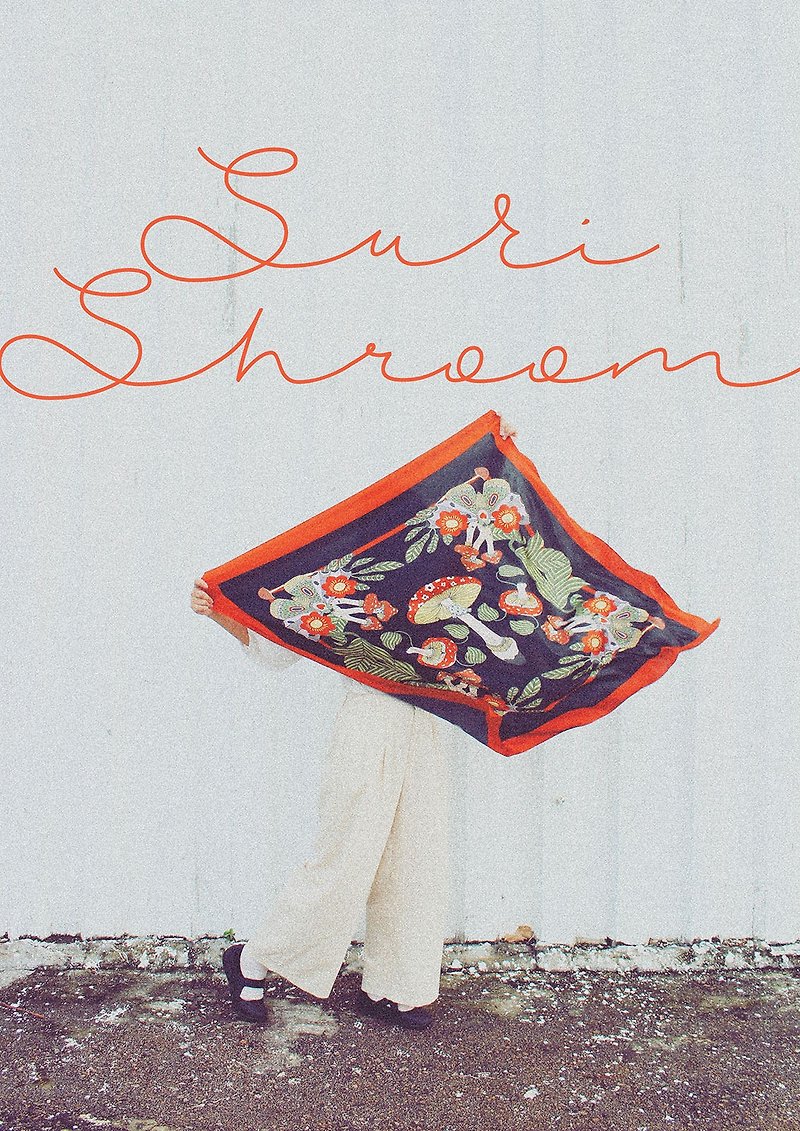 Silk Mushroom Square Scarf Self-designed Red 80x80cm - ผ้าพันคอ - ผ้าไหม สีแดง