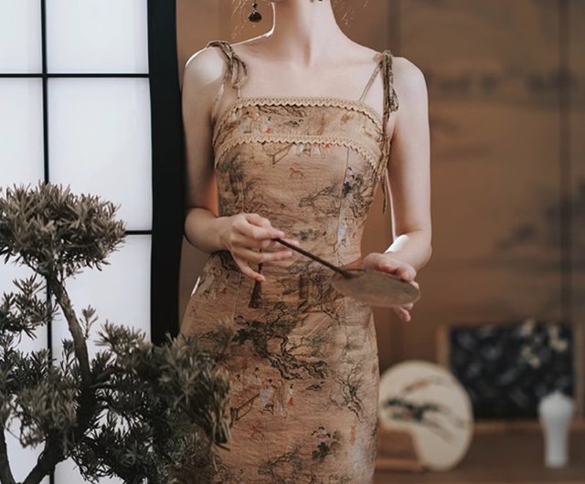 Wang Qinchuan New Chinese Style Tie-Strap Bodycon Dress