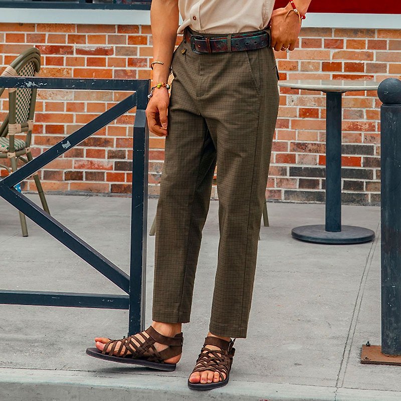 SOARIN British retro cotton micro-elastic anti-wrinkle fine check casual suit pants- Khaki nine points (212F428) - กางเกงขายาว - ผ้าฝ้าย/ผ้าลินิน สีกากี