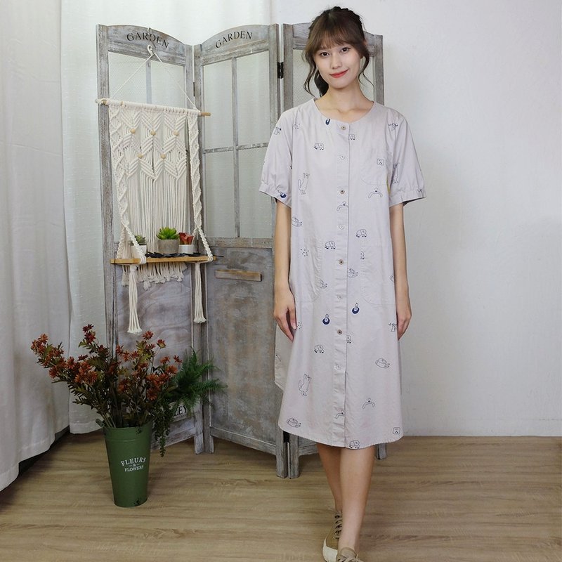 Hana Mokuba 圓領襯衫式滿版印花日系休閒洋裝 - 洋裝/連身裙 - 棉．麻 