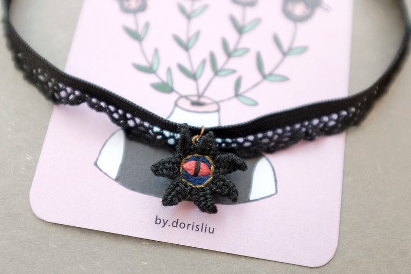 by.dorisliu [Hand-embroidered choker clavicle chain] a kingdom of the eyes of black flowers - Necklaces - Thread Black