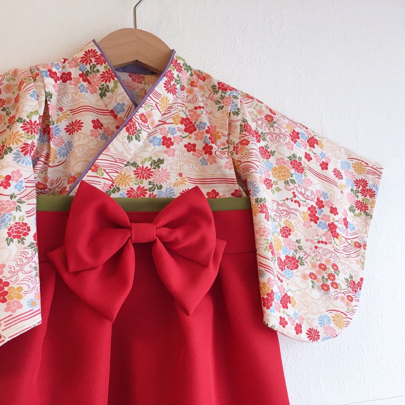 Hakama Dress - Japanese florets - Red - ชุดเด็ก - ผ้าฝ้าย/ผ้าลินิน สีแดง