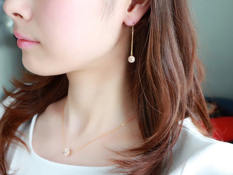 Goody Bag - 14kgf-Pave ball set necklace&pierced earrings Clip-on change OK - ピアス・イヤリング - 宝石 ピンク