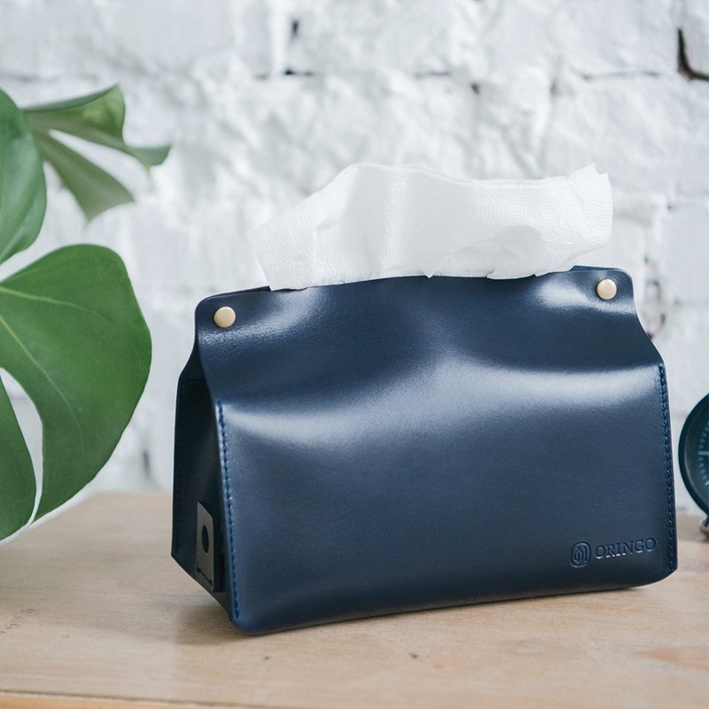 [Introduction to the House] Leather Handmade Paper Cover Leather Tissue Bag Navy Blue Tissue Box - กล่องทิชชู่ - หนังแท้ สีน้ำเงิน