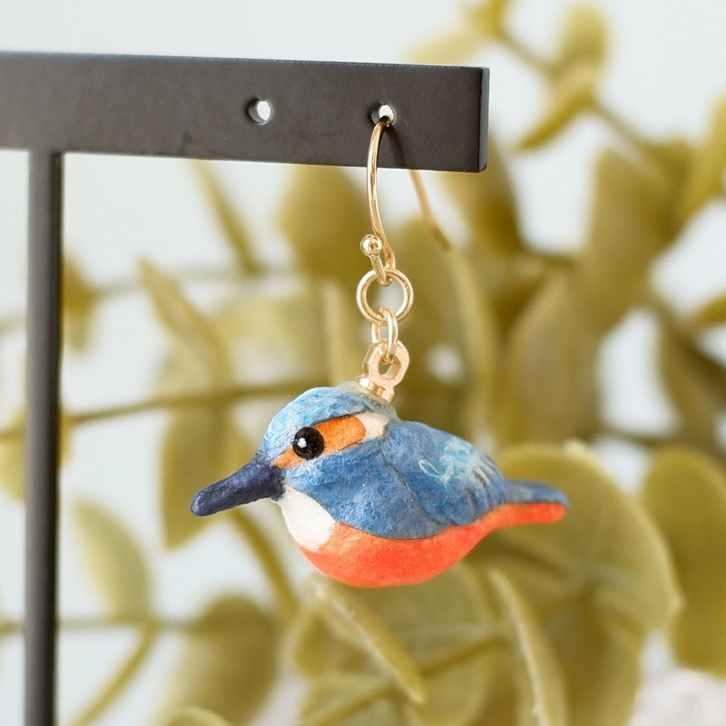和紙アクセサリー　イヤリング/ピアス　カワセミ　野鳥　鳥 - 耳環/耳夾/耳骨夾 - 其他材質 藍色