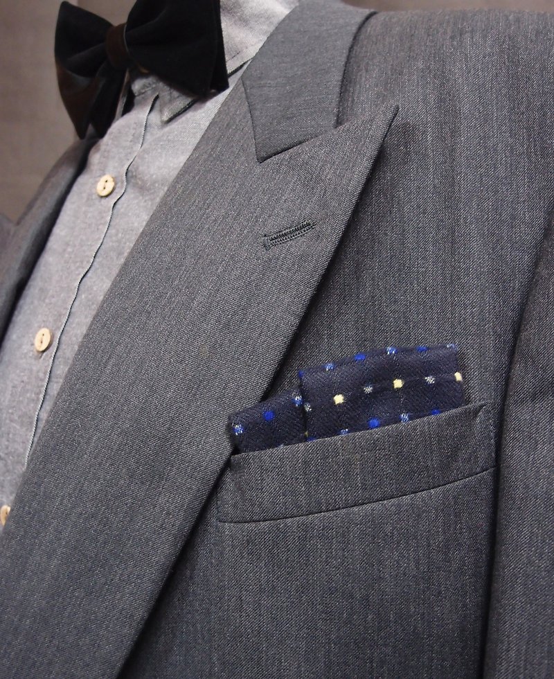 深藍彩格點口袋巾 pocket square 方便快速懶人用 - 領帶/領帶夾 - 羊毛 藍色
