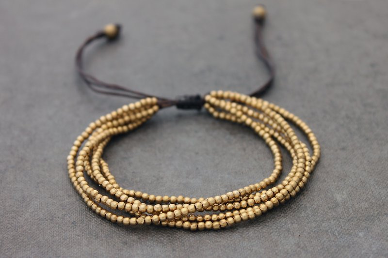 Multi Strand Brass Beads Bracelets Simple Basic Adjustable Cotton Hemp Bracelets - สร้อยข้อมือ - ทองแดงทองเหลือง สีทอง