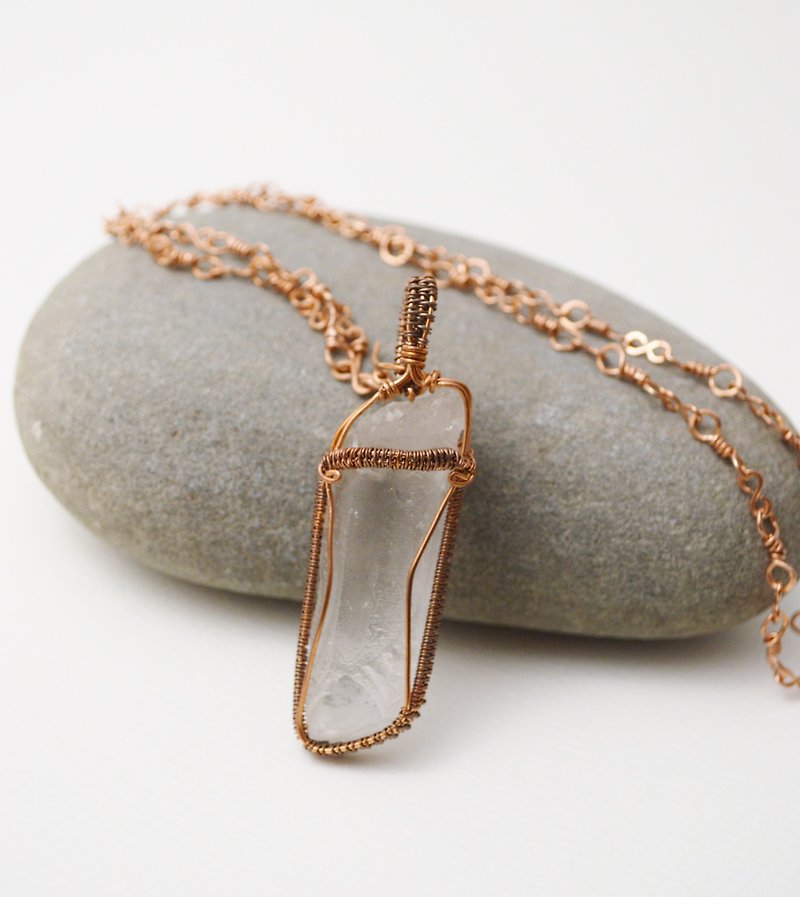 Raw stone - Ice Quartz‧Copper Wire Wrap Handmade Chain Necklace - Necklaces - Copper & Brass Transparent