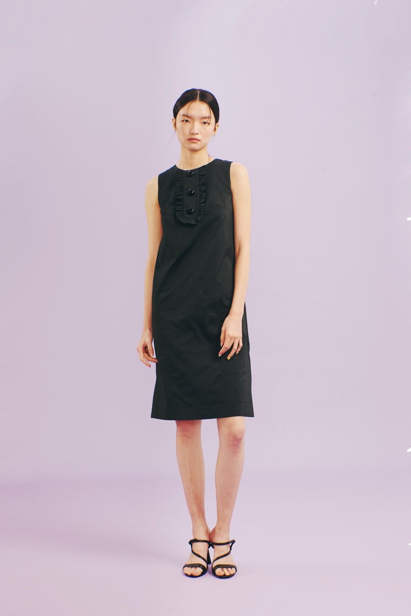 Off-season sale 黑色復古風釦子洋裝 - 洋裝/連身裙 - 聚酯纖維 黑色