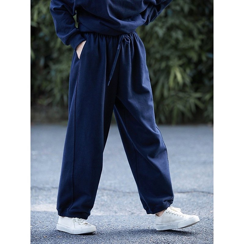 Dark blue single-strand thick cotton yarn elastic waist knitted pants - Women's Pants - Cotton & Hemp 
