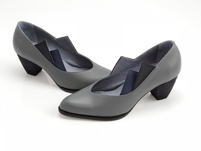 Overlapping  (dark grey mid heels handmade leather shoes) - รองเท้าลำลองผู้หญิง - หนังแท้ สีเทา