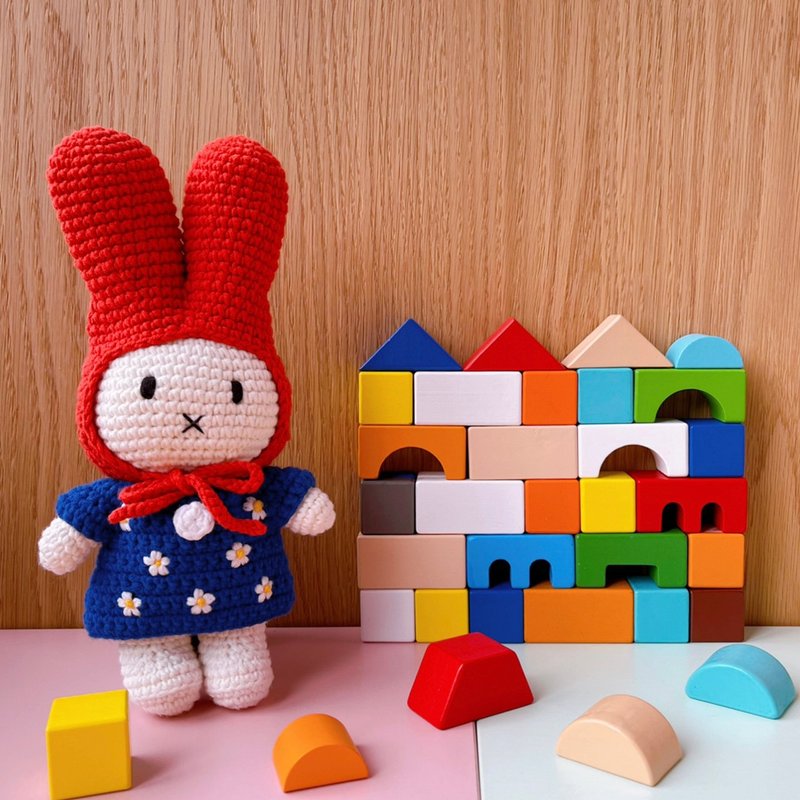 Just Dutch | Miffy handmade and her blue flower dress + red hat - Stuffed Dolls & Figurines - Cotton & Hemp Blue