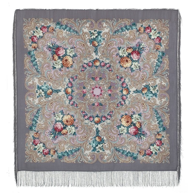 Pavlovo Posad Russian Shawl 100% Wool Scarf 125x125 cm Wrap Silk Fringe 1437-1 - 圍巾/披肩 - 羊毛 灰色