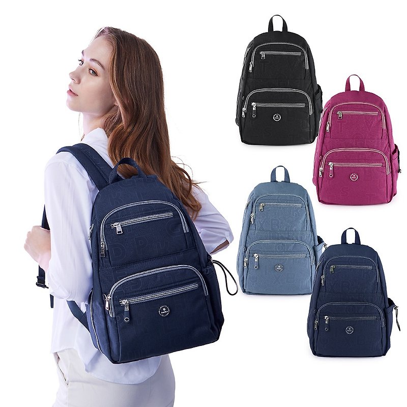 Anti-cut bag, breathable, pressure-reducing printed anti-theft backpack, 11-inch flat black, blue and Peach - กระเป๋าเป้สะพายหลัง - ไนลอน สีดำ