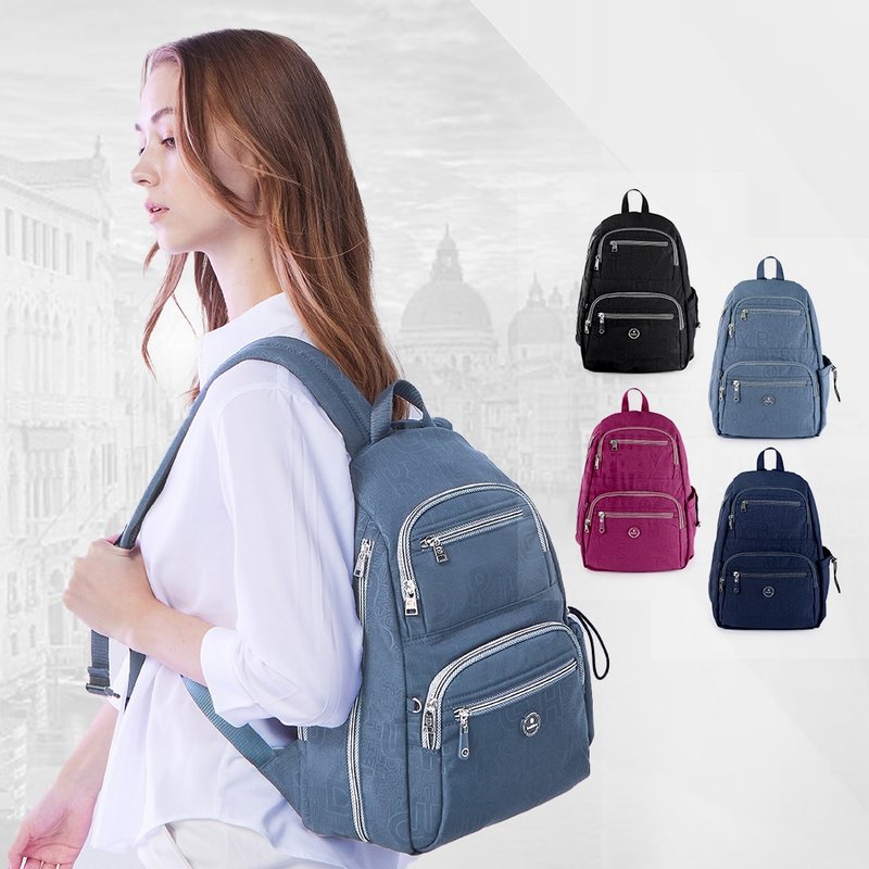 Anti-cut bag, breathable, pressure-reducing printed anti-theft backpack, 11-inch flat black, blue and Peach - กระเป๋าเป้สะพายหลัง - ไนลอน หลากหลายสี