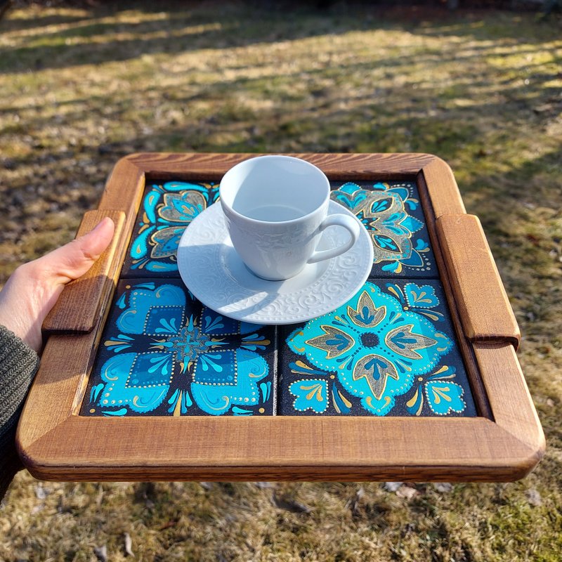 Wood coffee tray with handpainted wood tiles - ถาดเสิร์ฟ - ไม้ สีน้ำเงิน