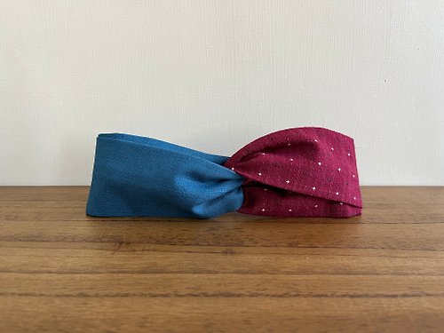 RuruRoad 日本先染布 / 紅絲絨蛋糕 - 藍 / 雙拼髮帶