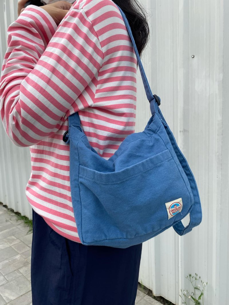 Underline Blue Canvas Mini Mail Bag / Sling Bag - กระเป๋าแมสเซนเจอร์ - ผ้าฝ้าย/ผ้าลินิน สีน้ำเงิน