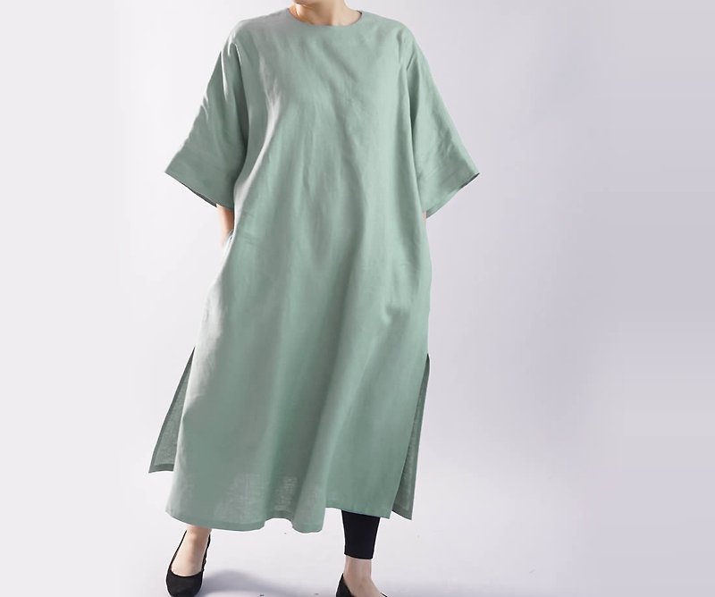 wafu   linen loose fitting dress / long length / half sleeve / emerald / t16-19 - ชุดเดรส - ผ้าฝ้าย/ผ้าลินิน สีเขียว