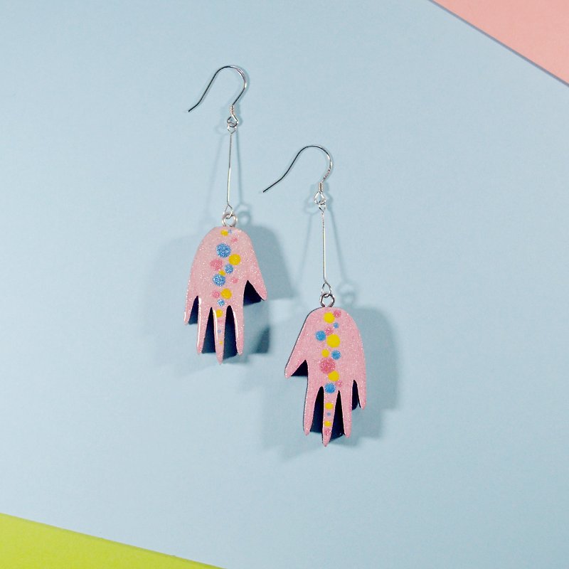 Wave point series pink small hand long hand-painted double-sided wave point earrings ear clips hand-painted wooden - Earrings & Clip-ons - Wood Pink