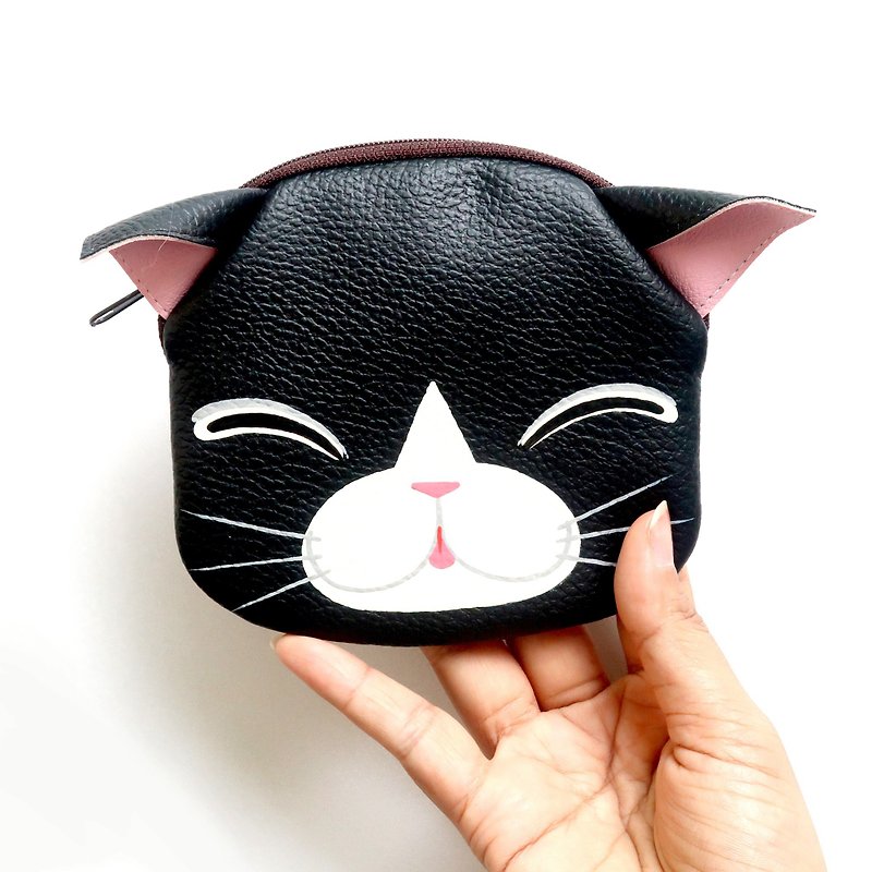【雙11折扣】Black cat coin purse ,small synthetic leather wallet bag with zip. - 散紙包 - 人造皮革 黑色