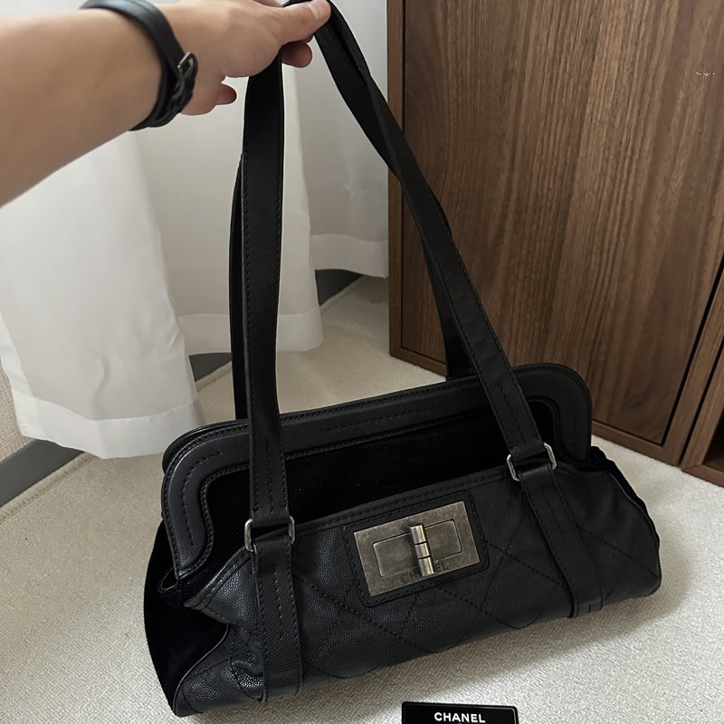 CHANEL 香奈兒 2.55 黑色 小牛皮 × 燈芯絨 × 銀色金具 肩背包 - 側背包/斜背包 - 真皮 黑色