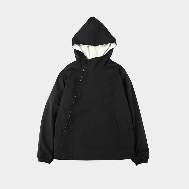 A fleece hooded windbreaker with a diagonal zipper - เสื้อแจ็คเก็ต - เส้นใยสังเคราะห์ สีดำ