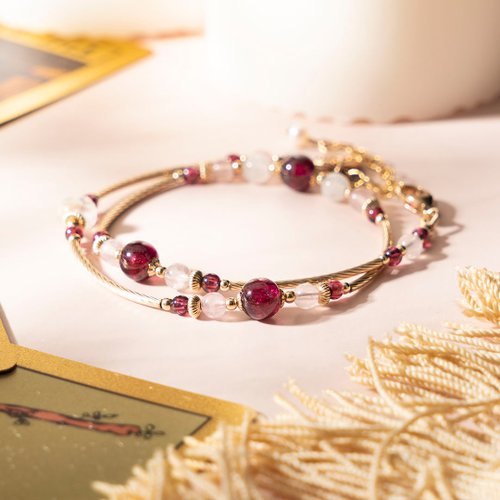 パープルガーネット、ローズクォーツ、ムーンストーン、14K