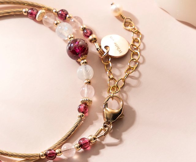 パープルガーネット、ローズクォーツ、ムーンストーン、14K