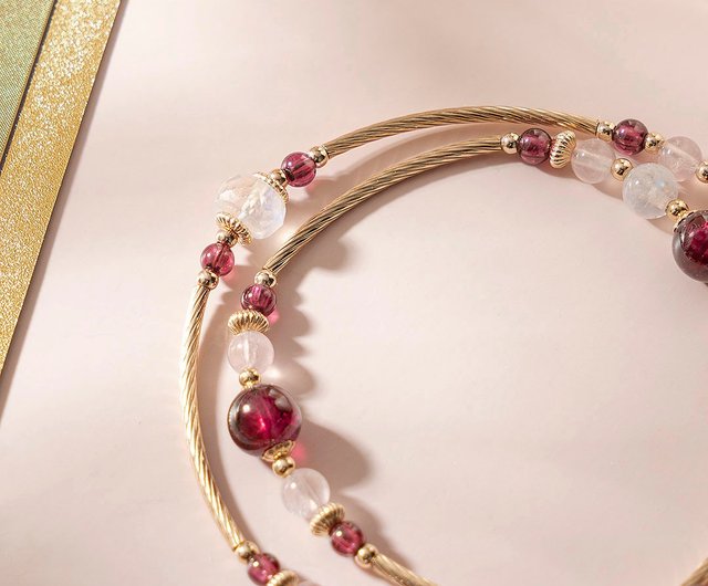 1117　ピーチムーンストーン×ローズクォーツ×ホワイトオニキス　天然石　お守り パープルガーネット、ローズクォーツ、ムーンストーン、14K