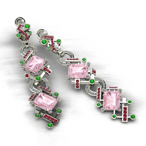 Helennar's Jewelry Studio 3D-model of jewelry earrings with emerald cut gemstones and 174 diamonds.