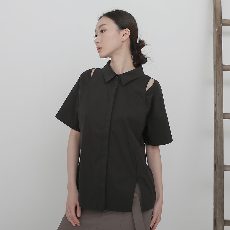 Zhinian_Obsession Cutout Hollow Shirt_23SF004_Black - เสื้อเชิ้ตผู้หญิง - เส้นใยสังเคราะห์ 