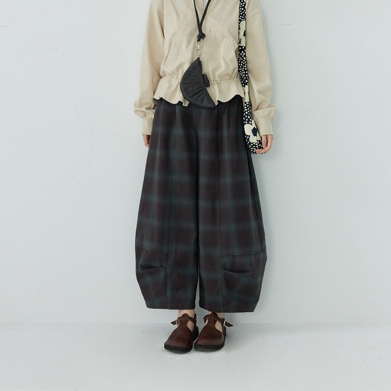 打褶格紋燈籠褲|褲子|春款|Sora-1758 - 女長褲 - 棉．麻 