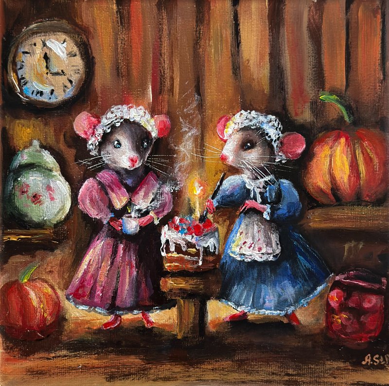 Fairy mouse painting, Whimsical art, Mouse wall art, Animal painting, Mice decor - 壁貼/牆壁裝飾 - 棉．麻 多色