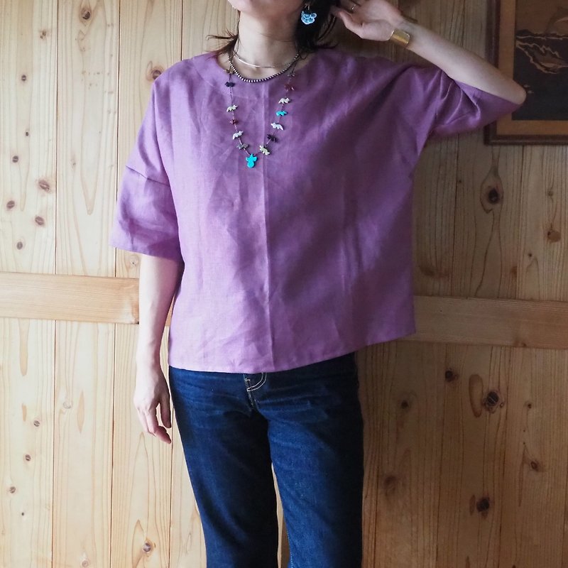 Rose pink Linen drop shoulder blouse - เสื้อเชิ้ตผู้หญิง - ผ้าฝ้าย/ผ้าลินิน สึชมพู