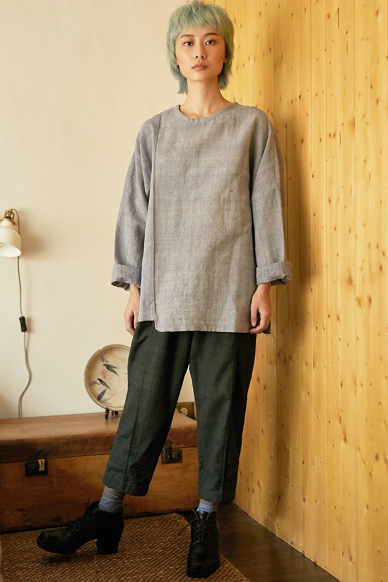 pleats pants slim hemp cotton-dark green-Fair Trade - กางเกงขายาว - ผ้าฝ้าย/ผ้าลินิน สีเขียว