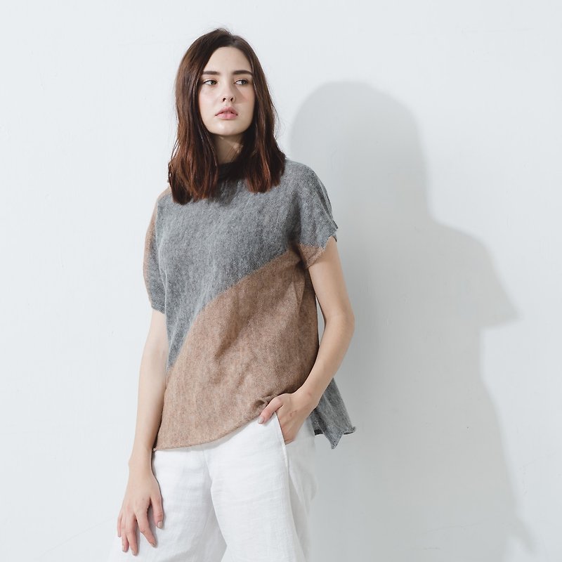 Color block two-wear short-sleeved alpaca sweater-grey coffee - สเวตเตอร์ผู้หญิง - ขนแกะ หลากหลายสี