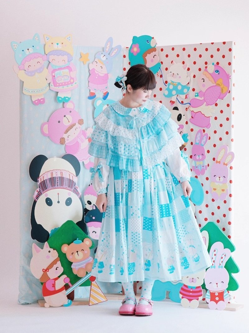 森林雨中漫步水色拼圖印花5種圖案拼布雪紡層層花邊披肩 - 女上衣/長袖上衣 - 其他材質 