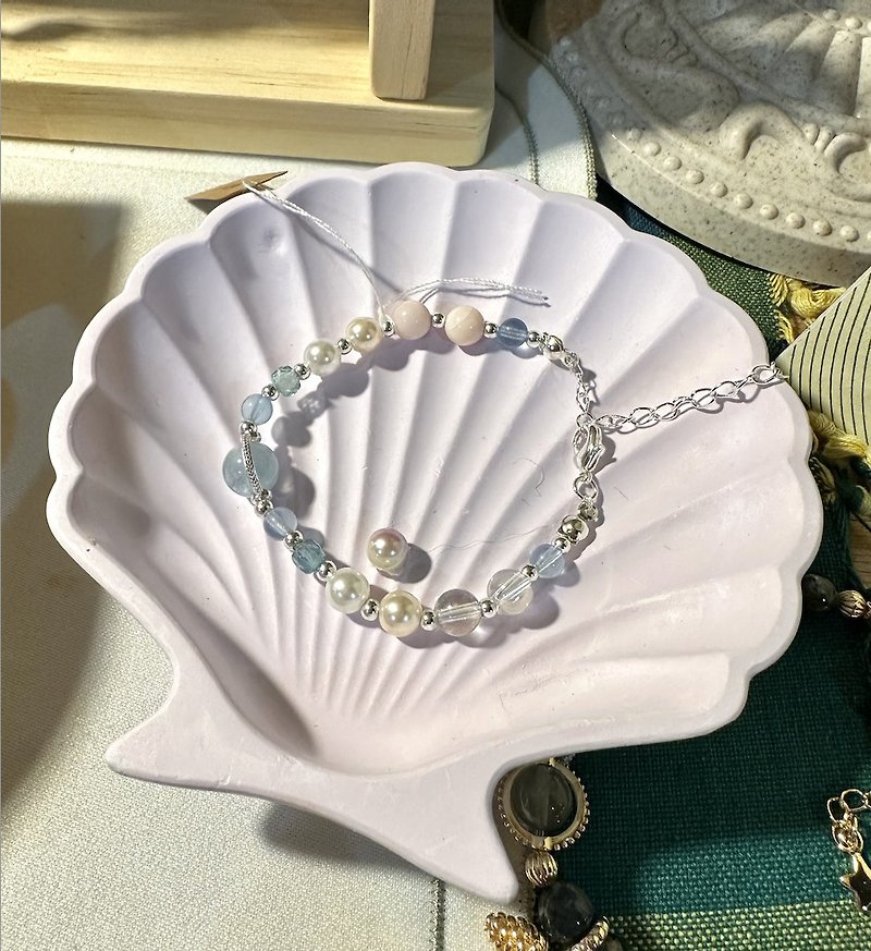 beaded bracelet aquamarine pearl elegant - Bracelets - Stone Pink