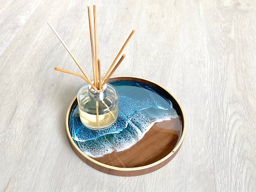 Edith Mak • Fluid Artist 21cm Wood Tray Aqua, Wedding Gift, Home Gift