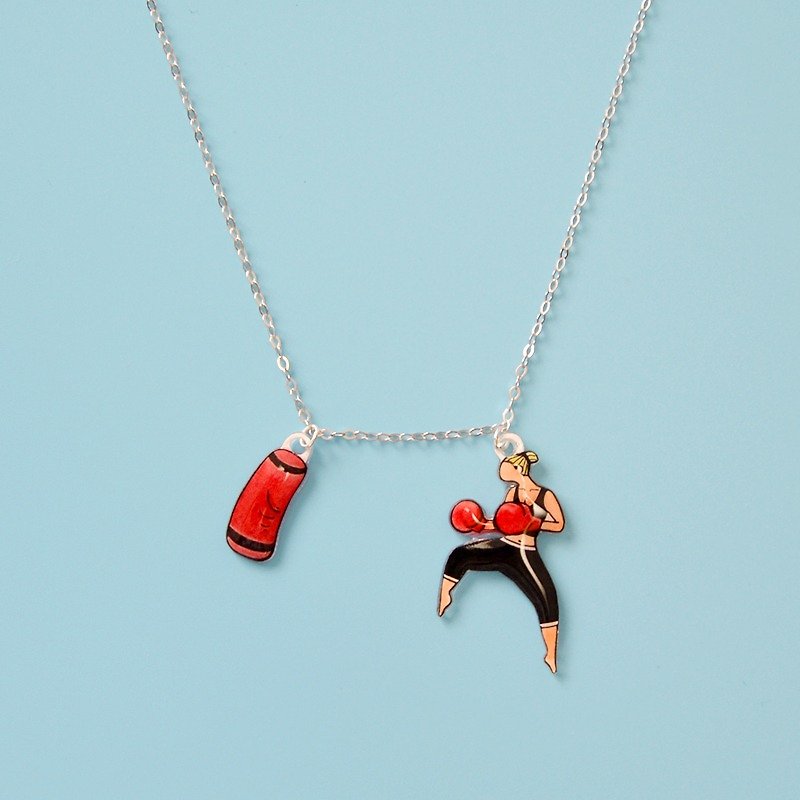 Boxing Girl Fun handmade 925 silver necklace chain clavicle female creative gift - สร้อยคอ - โลหะ สีแดง