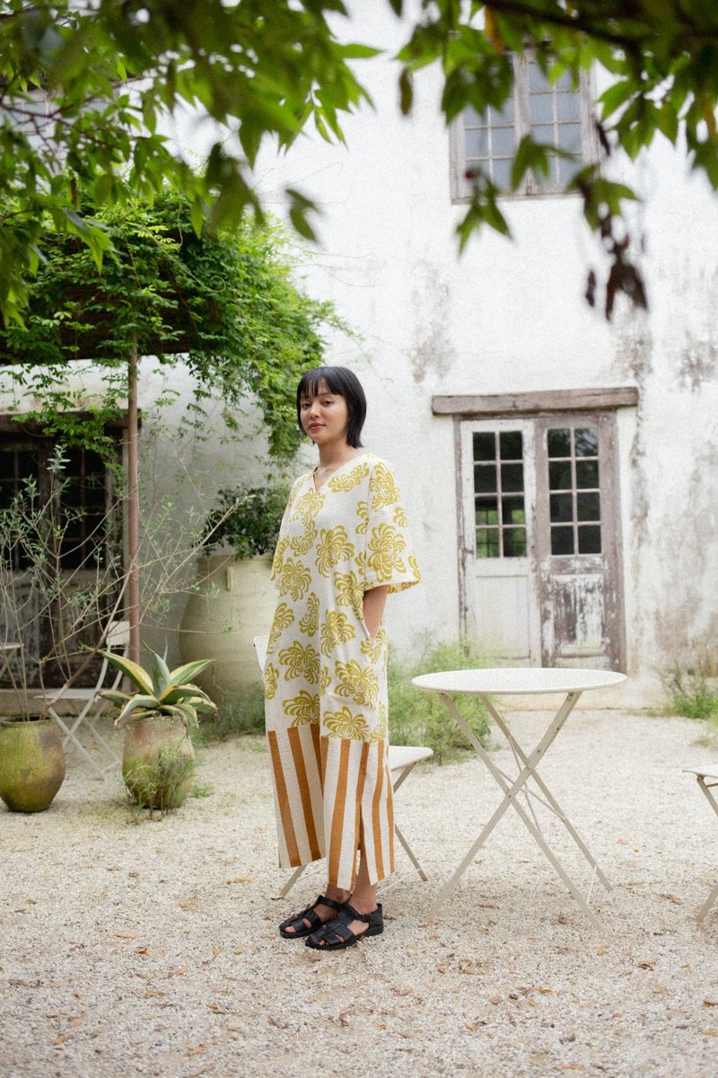 Mulmul Contrast V neck dress : lime and brown - 洋裝/連身裙 - 棉．麻 多色