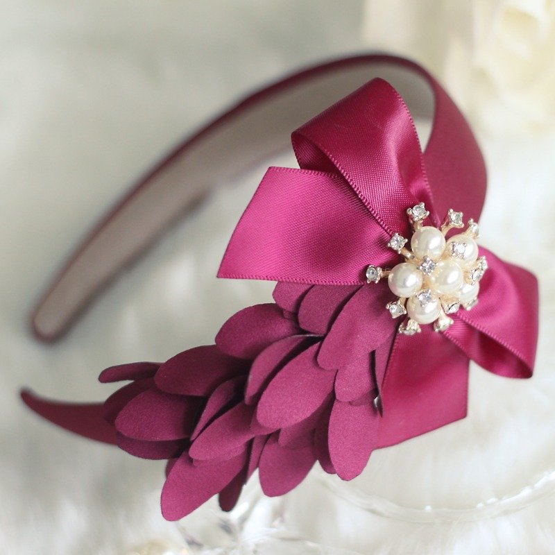 Glamorous Ribbon with Pearl Flower Headband - Hair Accessories - Paper Red